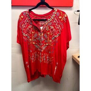 Johnny Was Red with Turquise/Pink and Green Embroidery Blouse